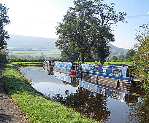 Blue boats on Brecon & Monmouth Canal, Brecon Beacons National Park